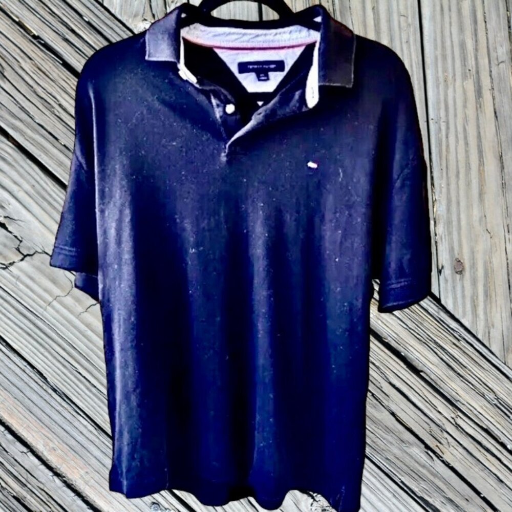 Tommy Hilfiger Black Polo Golf Shirt Collared Casual with LOGO